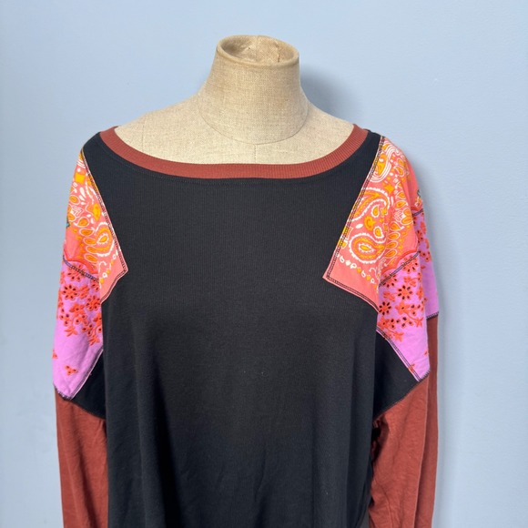 We The Free People Feeling It Tee S‎ Black Brown Patchwork Top Boho Fall Hippie - Picture 14 of 14